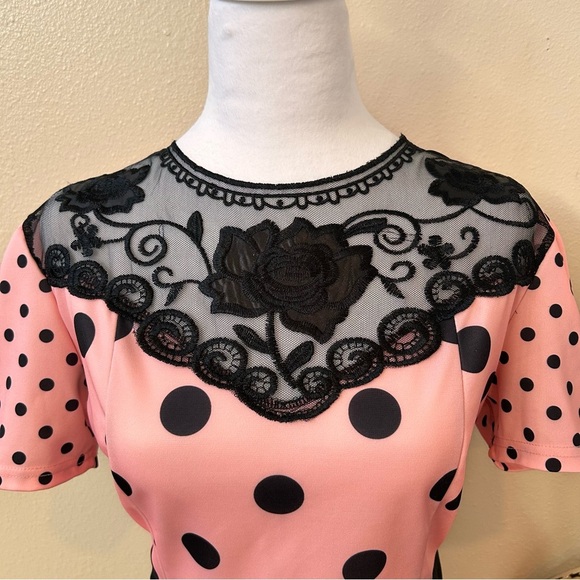 50s Retro Office Siren Pink Polka Dot with Black Mermaid bottom 8/10 - Picture 3 of 12